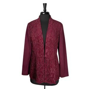 Chico’s Women’s Jacket 1 M Burgundy Velvet Floral Lace Overlay Faux Suede Blazer